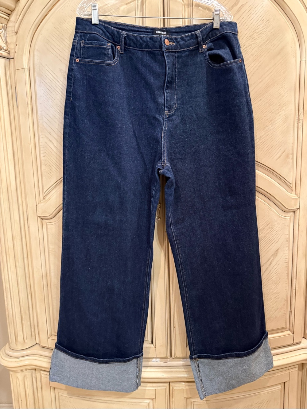 Express Dark Blue high rise wide-Leg jeans with cuff, size 16